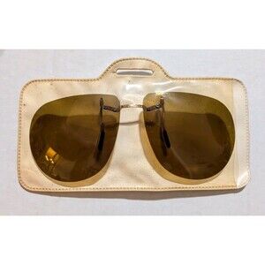 Vintage Steampunk Rimless Aviator Clip On Sunglasses Amber Brown Lenses Case